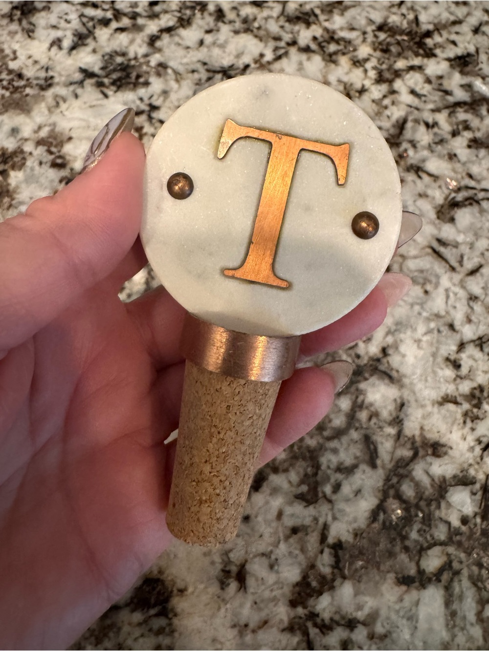 Monogram 'T' Marble and Cork Wine Bottle Stopper - Copper Accent